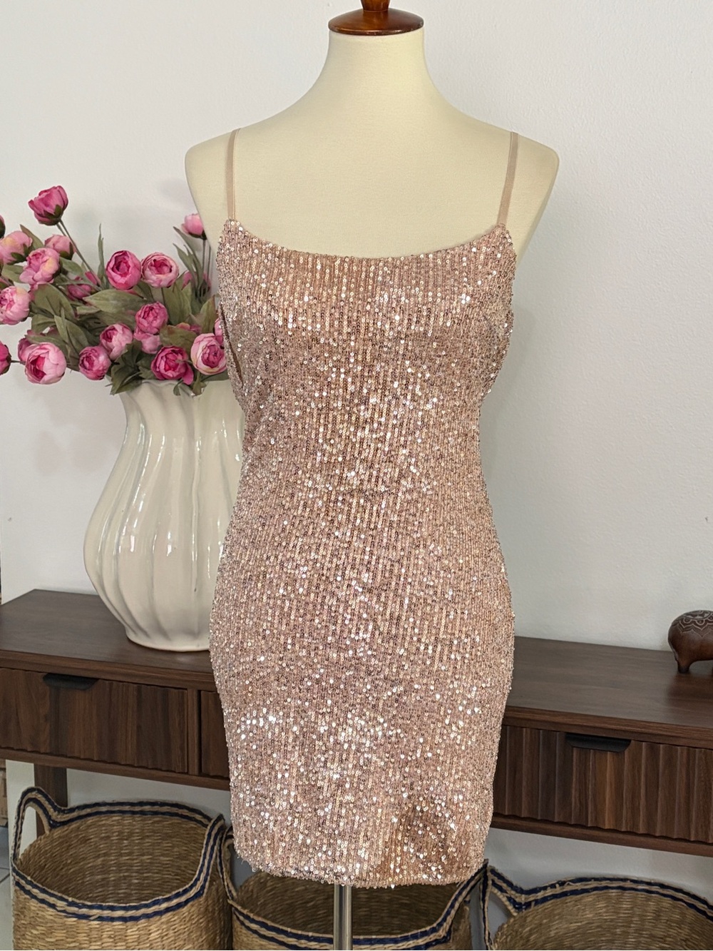 AKIRA | Rose Gold Sequin Slip Mini Dress | Fully Lined | Medium